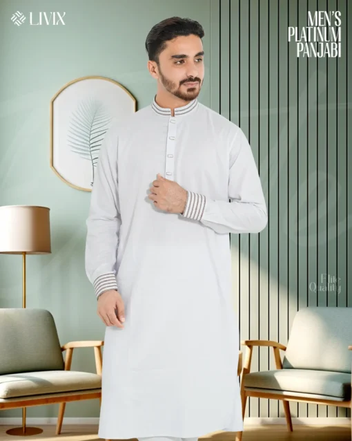 Embroidered Platinum Panjabi – White
