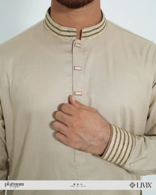 Embroidered Platinum Panjabi – Golden - Image 2
