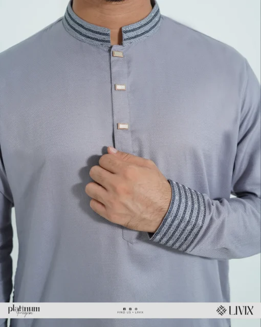 Embroidered Platinum Panjabi – Ash - Image 2